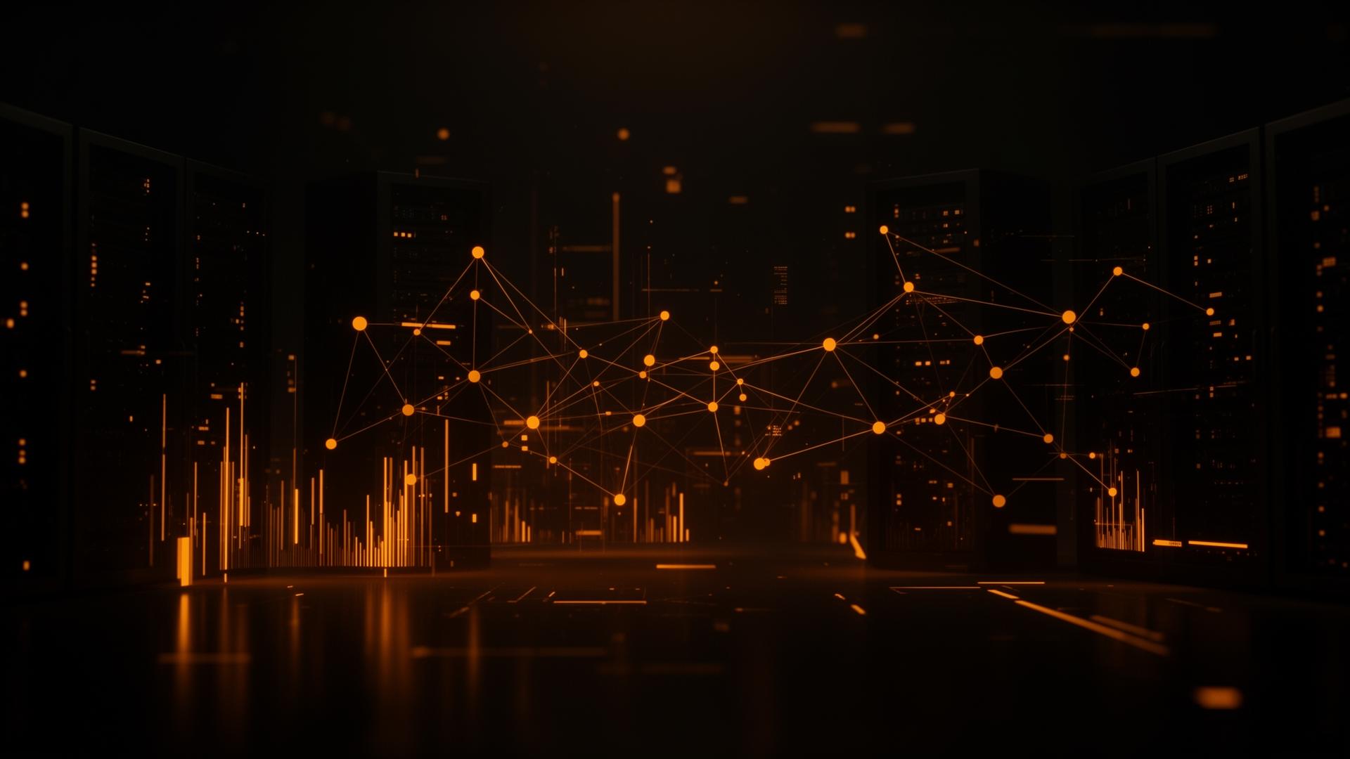 Visualisasi jaringan data Elfan System — node oranye terkoneksi di ruang data center gelap